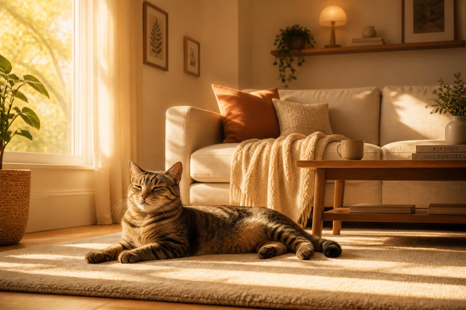 A content cat lounging in a warm sunlit living room